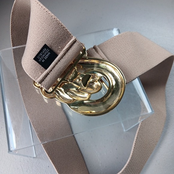VTG DAY-LOR 1980s Stretch Womens M/L  Belt Gold Statement Buckle Beige Old Money - Picture 3 of 6